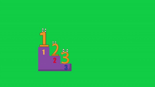 Animated numbers 1, 2 and 3 with expressive character eyes presented on a competition stage in green screen background