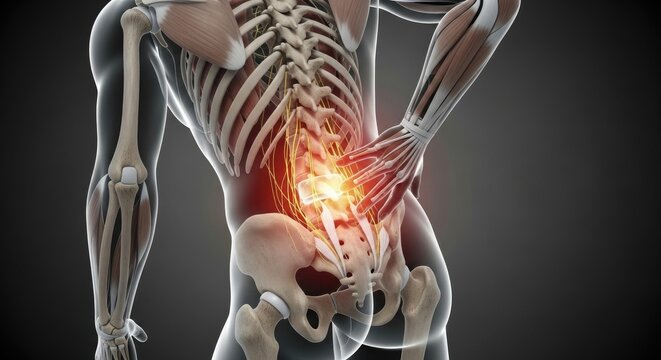 Human Anatomy Illustration Showing Lower Back Pain Highlighted with Detailed Muscles Skeleton System Tissue Ligaments Connecting Vertebrae Bone Structure in 3d