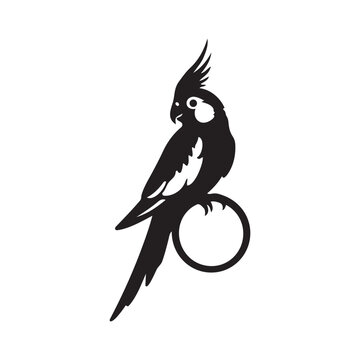 Cockatiel Parrot Silhouette on Ring Perch Black and White Realistic Pet Bird Icon