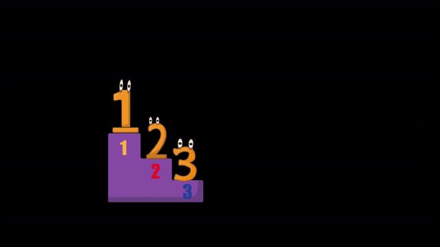 Animated numbers 1, 2 and 3 with expressive character eyes presented on a competition stage in alpha channel