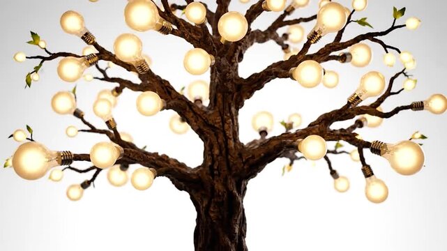 Artistic depiction of a tree whose branches are lightbulbs. The tree glows in white light