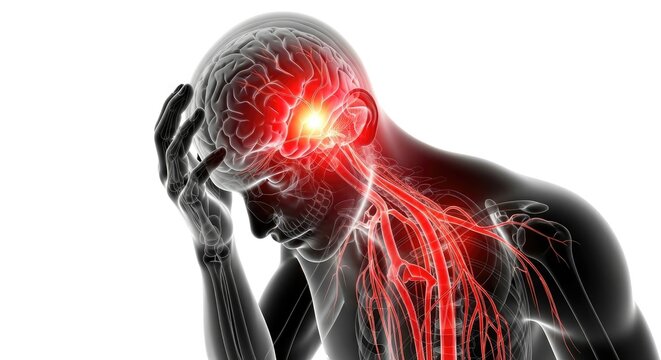 Brain Aneurysm Depiction Showing Cerebral Hemorrhage Risk with Head Pain and Neurological Damage Isolated on White and Featuring Vascular Illustration with Highlighted Aneurysm