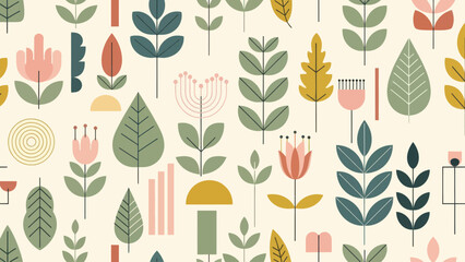 Seamless Pattern with Stylized Botanical Elements and Abstract Floral Motifs. © Nabih