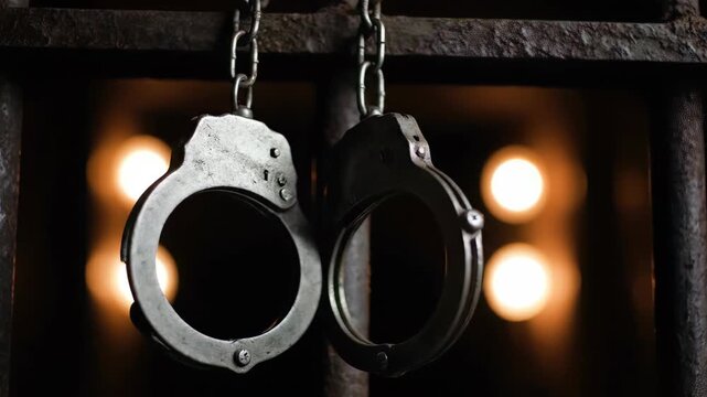 Silver metal handcuffs hanging on dark prison bars with warm bokeh lights, concept for crime reporting, legal documents and justice themes