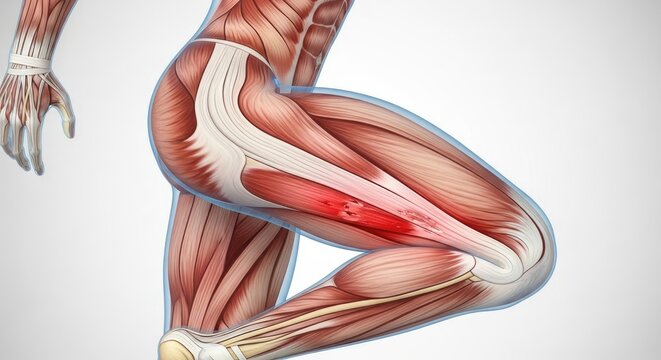Hamstring Injury Anatomical Illustration of Human Leg Muscle Strain in Thigh Area with Torn Muscle Fibers Marked in Red Pain Area Medical Diagram Isolated on White Background