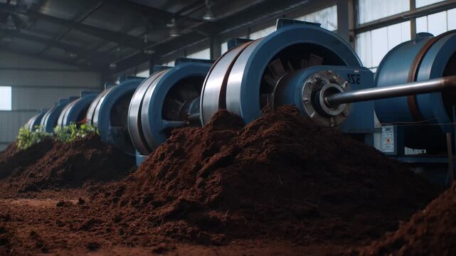 Medium shot capturing the mixing and drying process of granule biosolid fertilizer in large rotating drums emphasizing sustainable waste recycling.