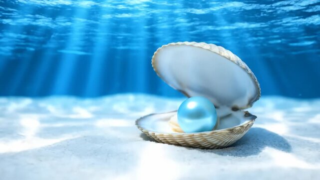 Blue pearl in an open seashell resting on sandy seabed under blue ocean water with sun rays, concept for jewelry marketing, luxury background and ocean discovery illustration