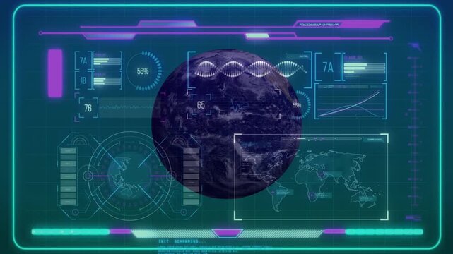 HUD pulse expanding icon into 3D Earth, globe rotating while telemetry updating for monitoring
