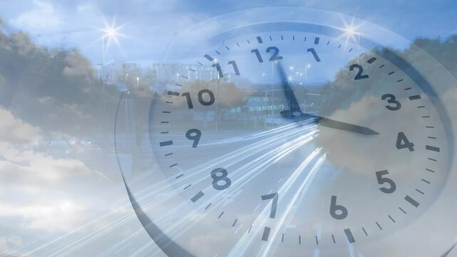 On start faded clock face rotating hands over highway, light trails growing, showing time passing