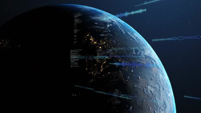 Left data streams starting HUDs while planet rotating revealing lights showing data flow