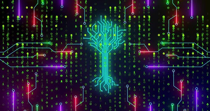 With falling green binary, cyan circuit-tree forming as traces pulsing, drawing data inward