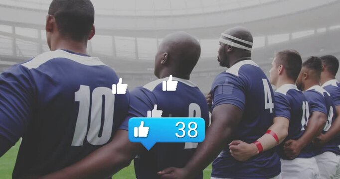 Rugby team standing linked, social bubble appearing around team and counting likes, showing support