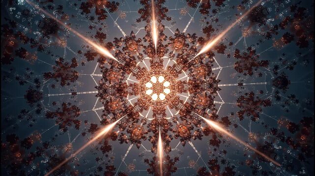 Intricate geometric mandala with metallic floral kaleidoscope and glowing center tones