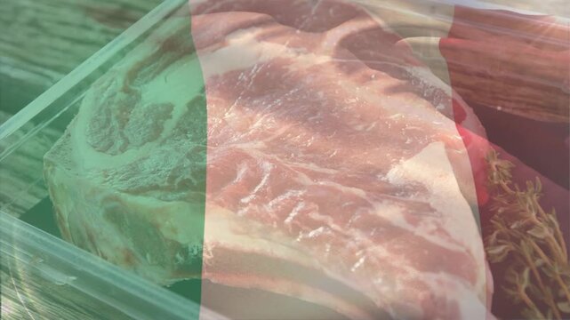 Tricolor overlay starting camera drifting finger lifting film revealing meat bone and marbling