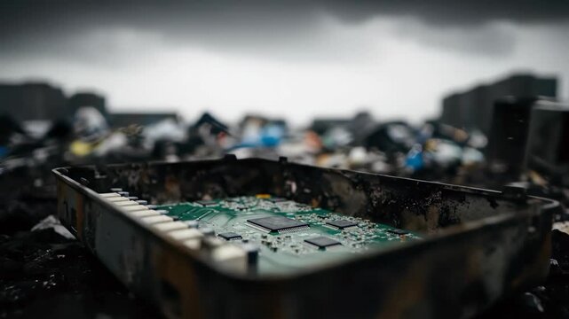 Close-up of a burnt electronic circuit board discarded in a vast garbage dump under a bleak sky, concept for e-waste management, technology disposal and environmental pollution