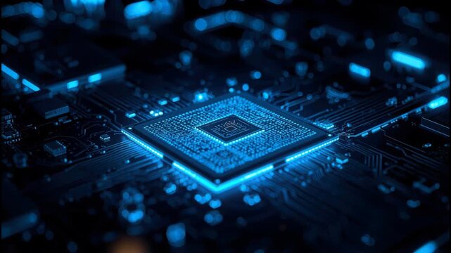 Glowing microchip circuit board with blue neon highlights and futuristic tech ambiance featuring
