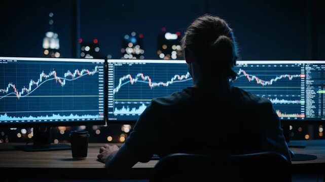 Silhouette of a male stock trader analyzing financial candlestick charts on dual monitors late at night, concept for investment analysis, digital trading platform and financial data visualization