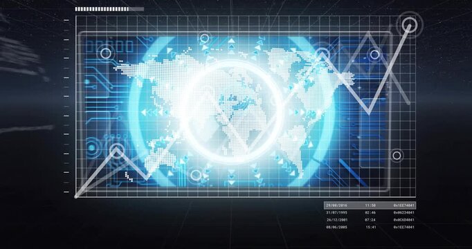 Zigzag line appearing triggers map HUD animating; nodes pulsing, radar rotating, globe showing data
