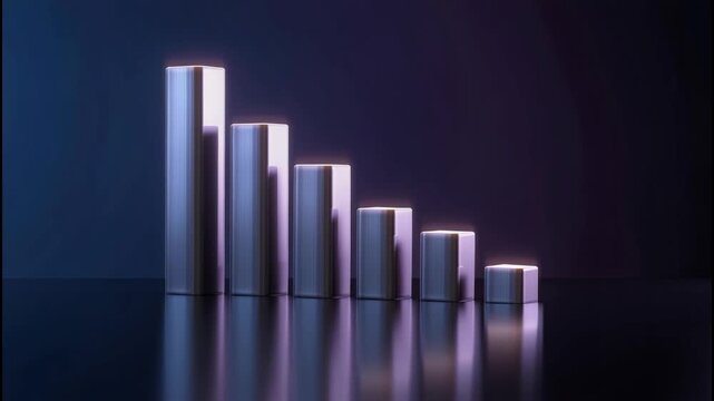 Neon wooden block row with staggered cube reflection and glossy rising cube bar chart neon light