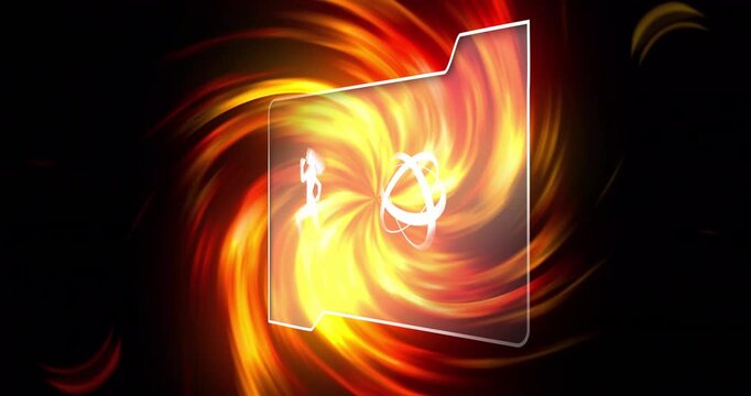 Flame swirl rising behind translucent folder atom icon rotating and runner glowing signaling active