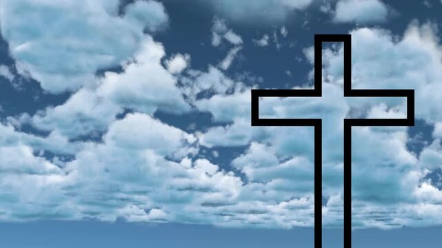 Subtle clouds beginning drifting, hollow cross right staying fixed, showing cloud texture, looping
