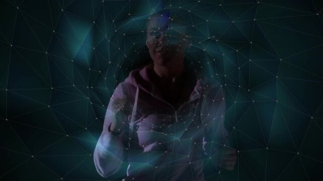 Woman jogging in place, digital vortex forming around head, highlighting hoodie for fitness demo