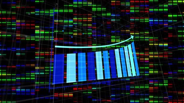 On start blue rising bars animating one-by-one, arrow tracing upward, showing growth on banded grid
