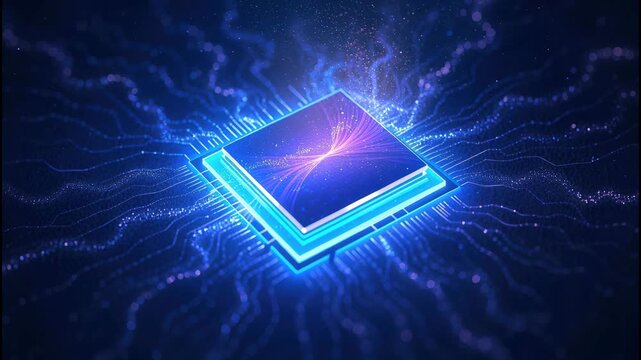 Glowing microchip with neural light patterns and neon circuitry, flowing blue and purple energy