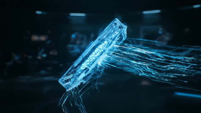 An abstract flickering light bulb glows over a blue digital network pattern with macro water drops and fiber optic cables for high-tech communication data