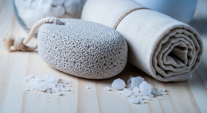 Pumice Stone with Sea Salt and Rolled Towel on Wooden Surface Still Life 199 Characters Max