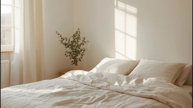Sunlit neutral cozy bedroom with rumpled white bedding pillow duvet bed and potted plant by window