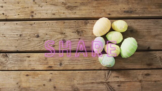 Faint outline forming over planks, neon stroke filling SHARE, pastel eggs staying, promoting share