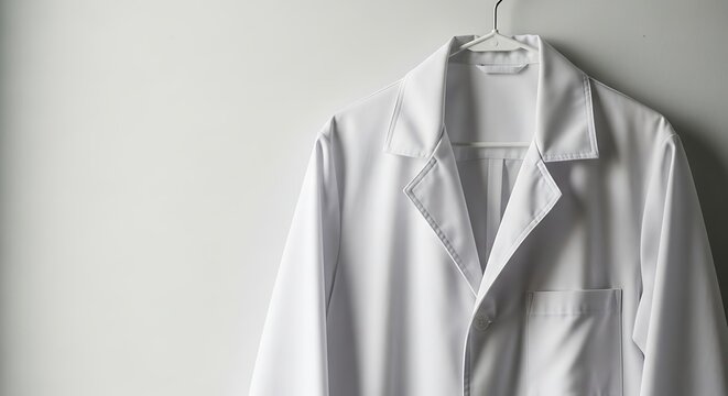 A crisp white lab coat hangs on a hook against a plain wall in a clean environment.