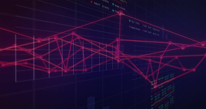 Magenta red 3D wireframe network reconfiguring after camera shift, pulsing nodes showing analytics