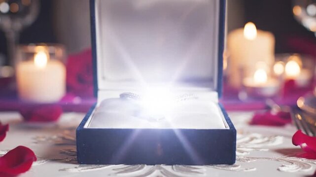 Romantic dinner setting with jewelry box and candles.