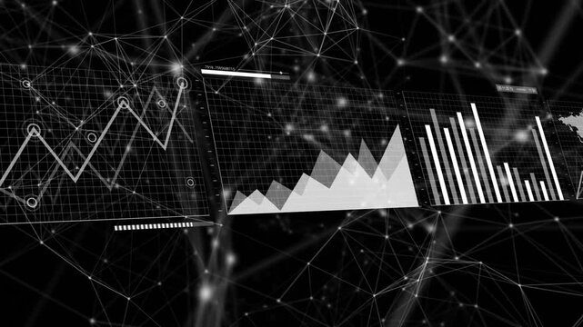 Camera shifting right, floating data panels sliding and rotating, charts growing and showing trends