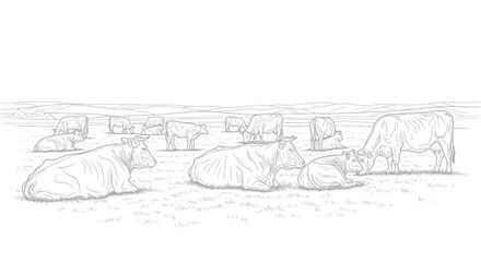Obraz premium Herd of Cows Resting in a Grassy Field, Line Art Illustration