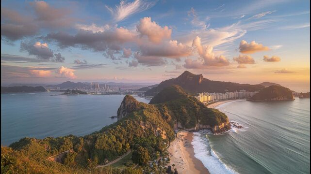 Sunset beach bay mountain golden sky dramatic clouds serene ocean coastal panorama with distant