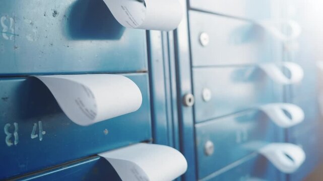 Utility Bill Papers Sticking Out of Blue Metal Mailboxes in Residential Building | Close-Up of Postal Boxes with Letters and Payment Notices