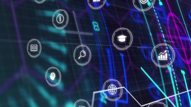 Cyan beam sweeping activating UI icons causing pulses linking symbols camera tilting for network