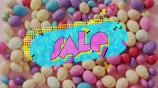 First cyan capsule popping over pastel eggs revealing SALE icons pulsing edges softening for sale