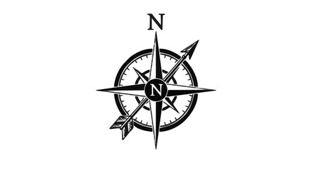 Obraz premium Black and white stylized compass rose icon with a prominent north arrow and 'N' letter, featuring sharp clean lines in a flat vector silhouette style on an empty white background, symbolizing directio