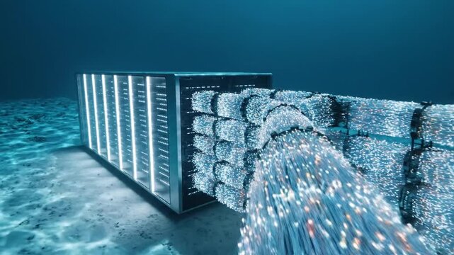 Underwater fiber optic cable transmitting data across the seabed