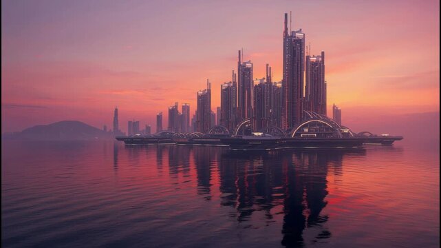 Futuristic city skyline at sunset with reflective water and glowing towering skyline reflection