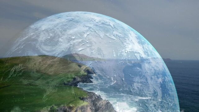 Translucent planetary hemisphere fading in over cliffs and surf, rotating, revealing coast below