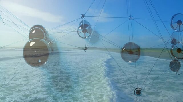 Timeline advancing, glassy lattice growing and linking over ocean while panning cam showing network