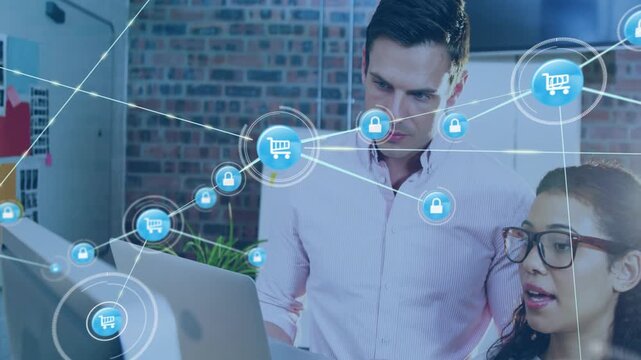 Team pointing, reaching screen as blue cart or lock arising at center, overlaying them, securing sal