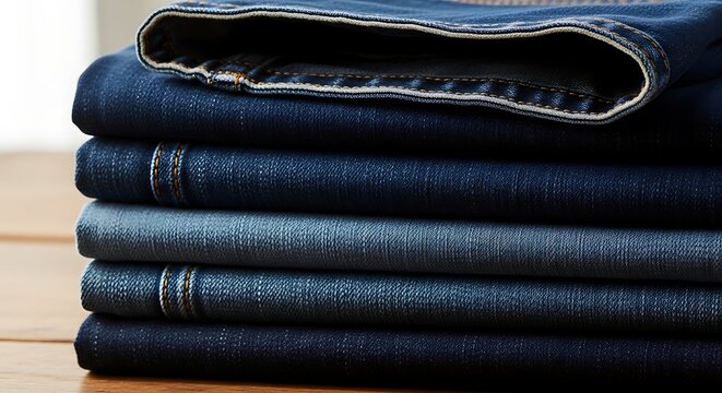 A stack of neatly folded denim jeans in various shades of blue are placed on a wooden surface.