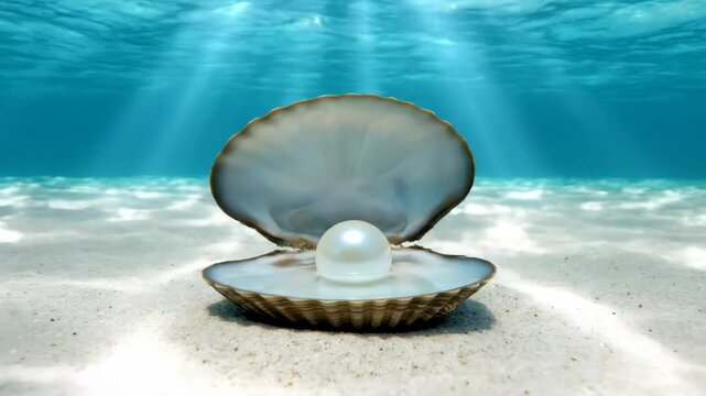 Luminous white pearl inside an open oyster shell resting on sandy seabed underwater, concept for luxury jewelry promotion, exquisite gift idea and premium cosmetic ingredient