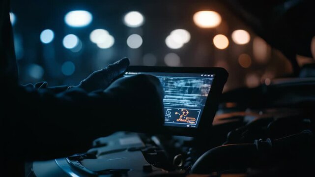 Automotive technician diagnosing car engine with a diagnostic tablet inside dark garage, concept for repair service promotion, modern workshop technology and specialized maintenance
